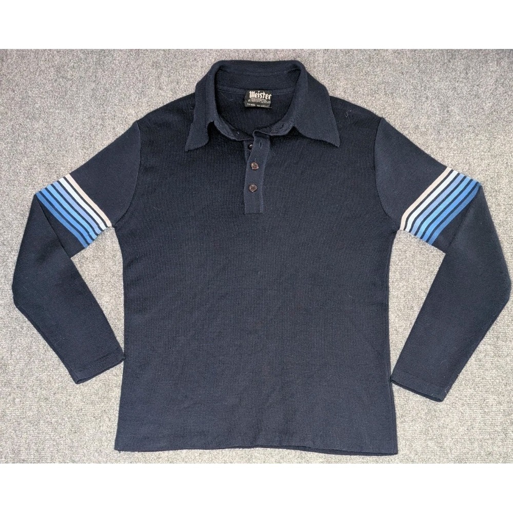 Vtg Meister‎ Ski Sweater Mens Large (14) Navy Blue Retro Stripe 80s Wool Blend